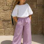 Girls Linen Trousers with Lace Trim - Purple