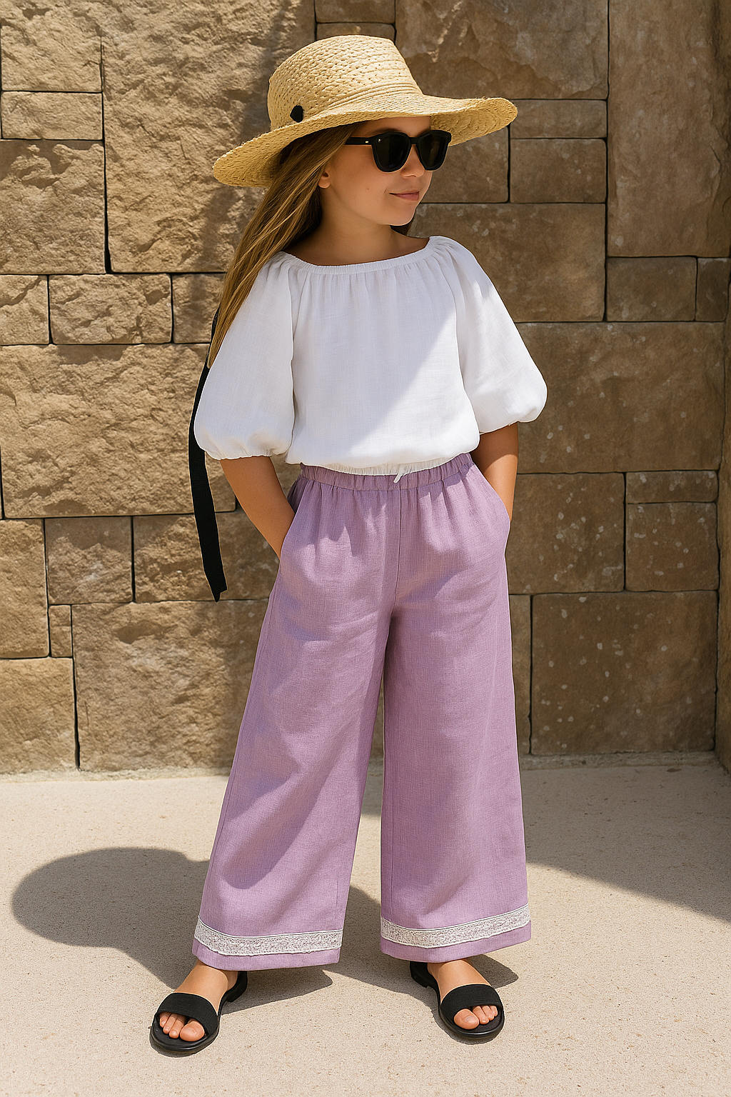 Girls Linen Trousers with Lace Trim - Purple