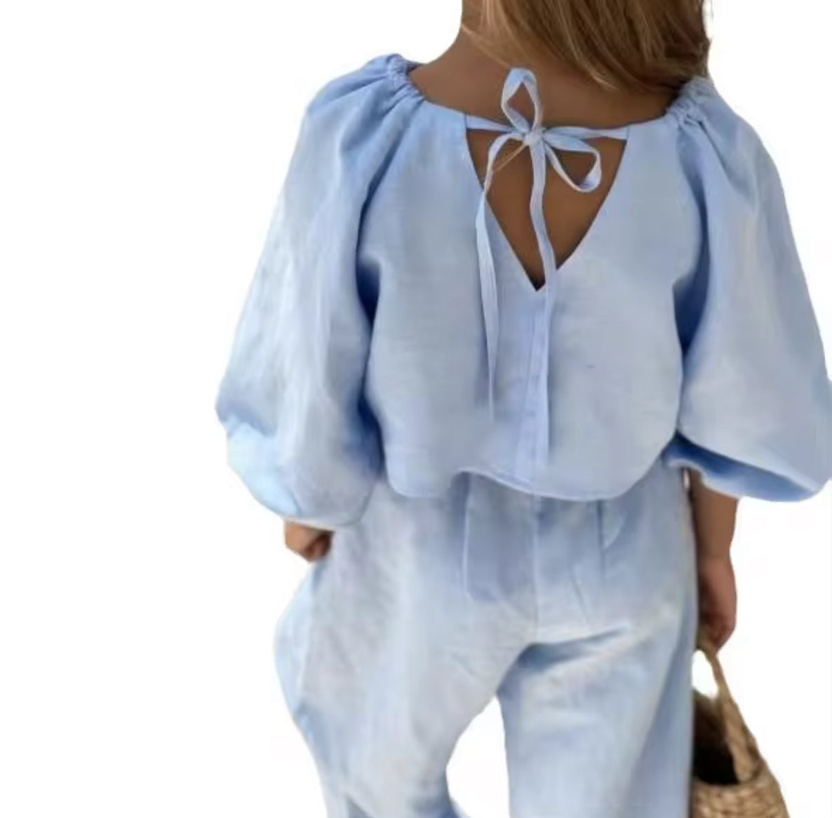 Girls Two Piece Denim Cotton / Linen Set - Blue