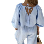 Girls Two Piece Denim Cotton / Linen Set - Blue