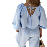 Girls Two Piece Denim Cotton / Linen Set - Blue
