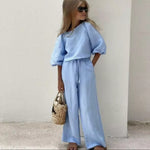Girls Two Piece Denim Cotton / Linen Set - Blue