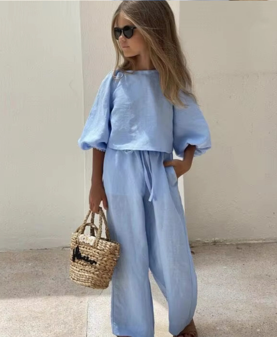 Girls Two Piece Denim Cotton / Linen Set - Blue