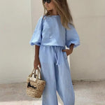 Girls Two Piece Denim Cotton / Linen Set - Blue