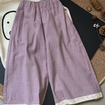 Girls Linen Trousers with Lace Trim - Purple