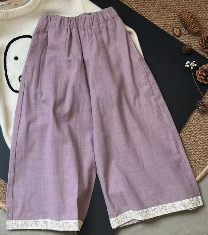 Girls Linen Trousers with Lace Trim - Purple