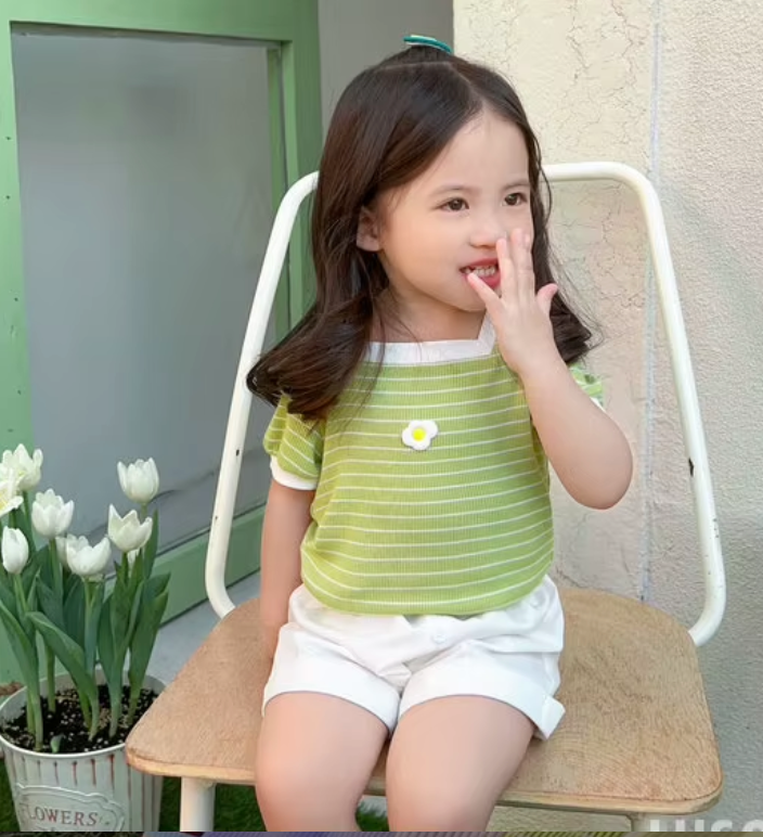 Girls Ribbed Cotton Pattern Printed T-shirt - Mint Green