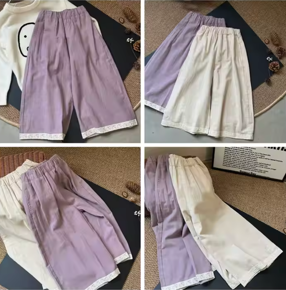 Girls Linen Trousers with Lace Trim - Beige