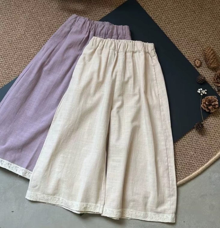 Girls Linen Trousers with Lace Trim - Beige