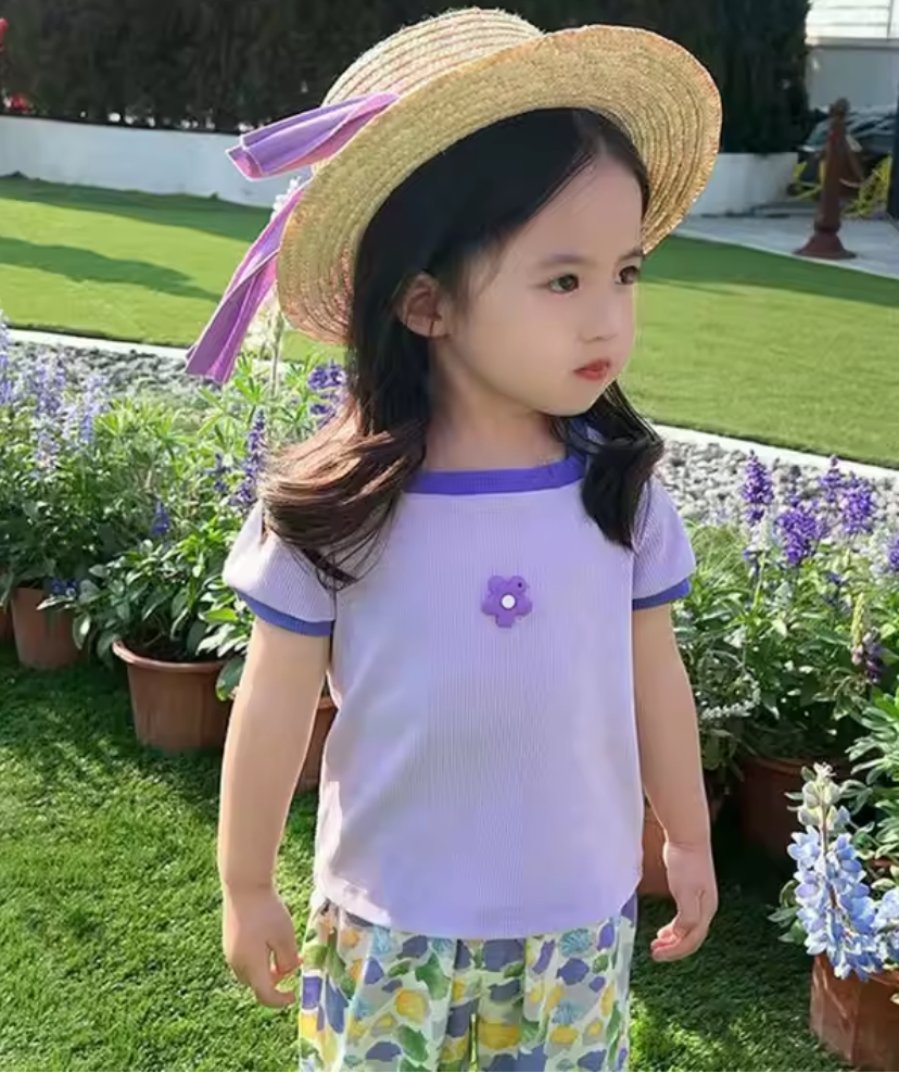 Girls Ribbed Cotton Pattern Printed T-shirt - Purple