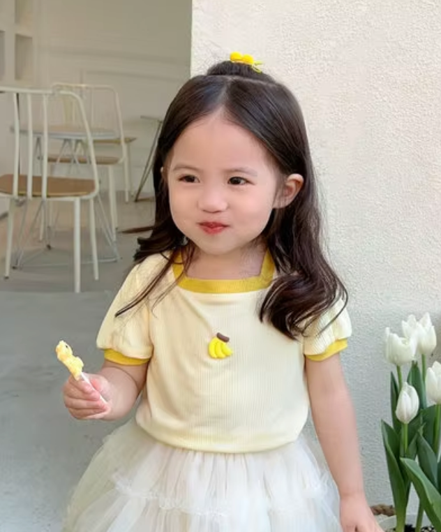 Girls Ribbed Cotton Pattern Printed T-shirt - Yellow