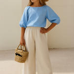 Girls Linen Trousers with Lace Trim - Beige