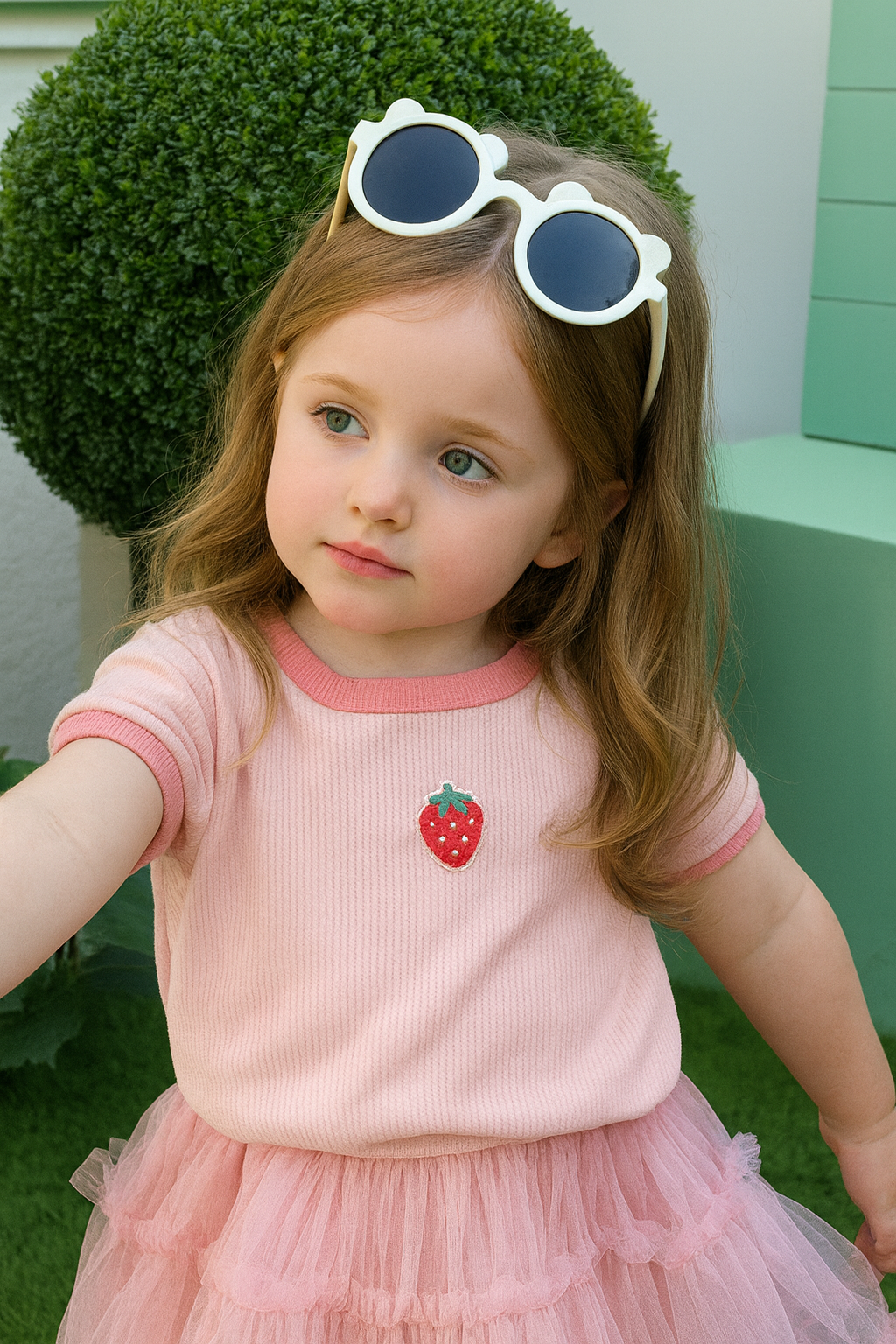 Girls Ribbed Cotton Pattern Printed T-shirt - Pink