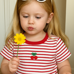Girls Ribbed Cotton Pattern Printed T-shirt - Red