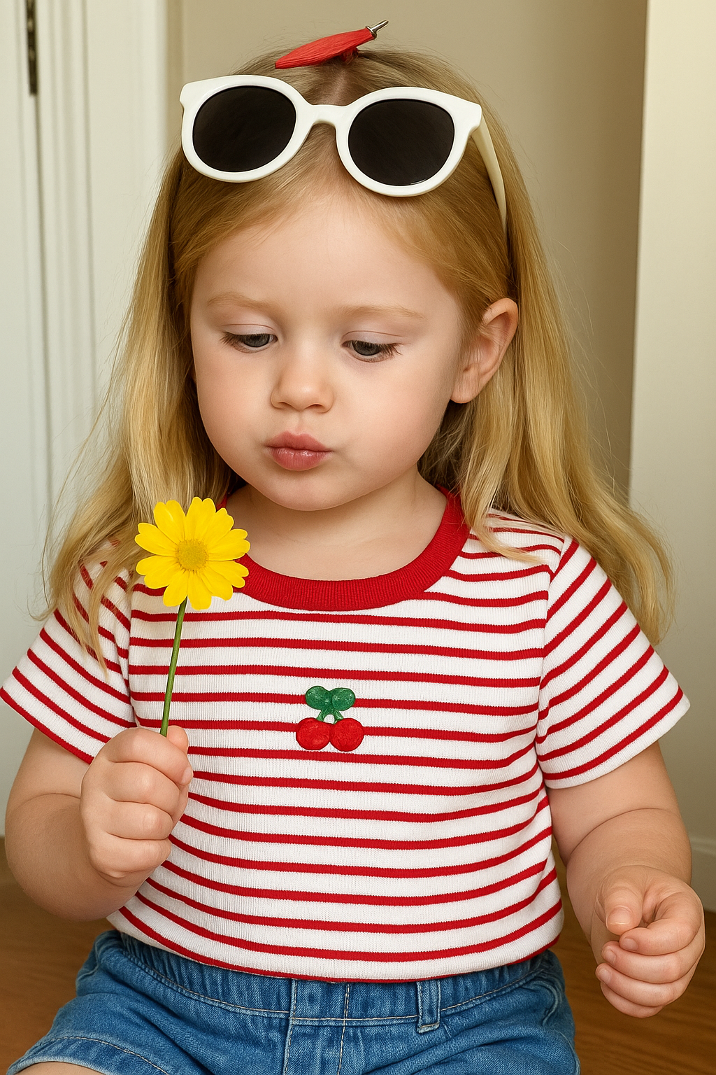 Girls Ribbed Cotton Pattern Printed T-shirt - Red